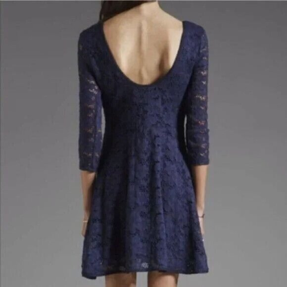 Free People Size S Navy Rose Garden Floral Lace Dress Fit n Flare 3/4 Sleeve - Picture 2 of 13